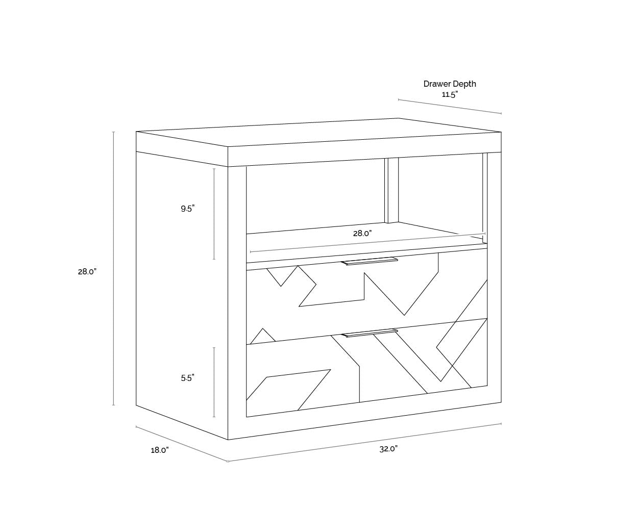 A wireframe image of the product with dimensions shown