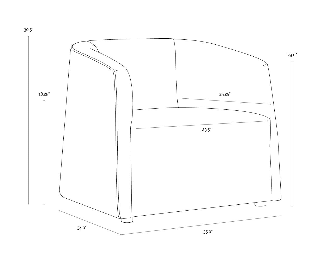 A wireframe image of the product with dimensions shown