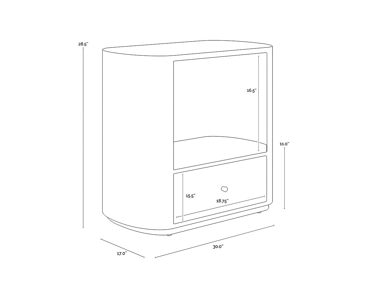 A wireframe image of the product with dimensions shown