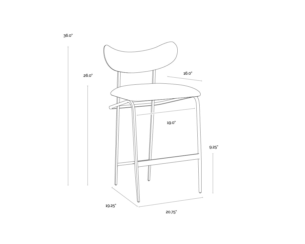 A wireframe image of the product with dimensions shown