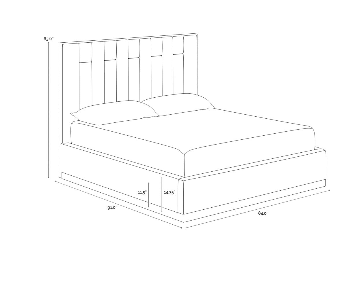 A wireframe image of the product with dimensions shown