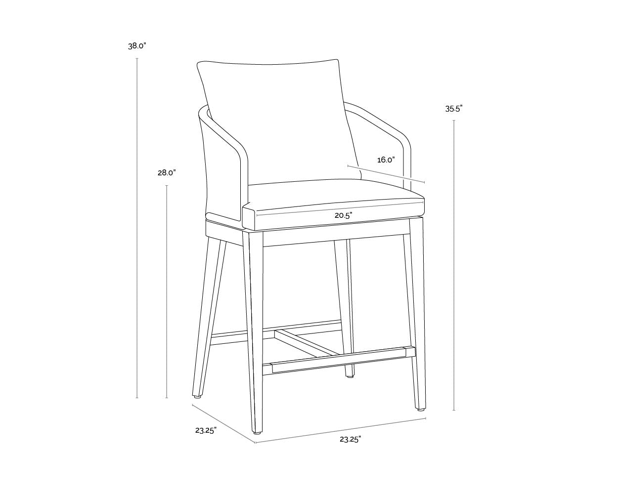 A wireframe image of the product with dimensions shown