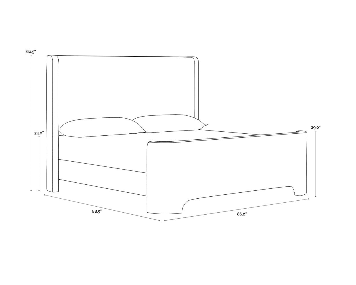 A wireframe image of the product with dimensions shown