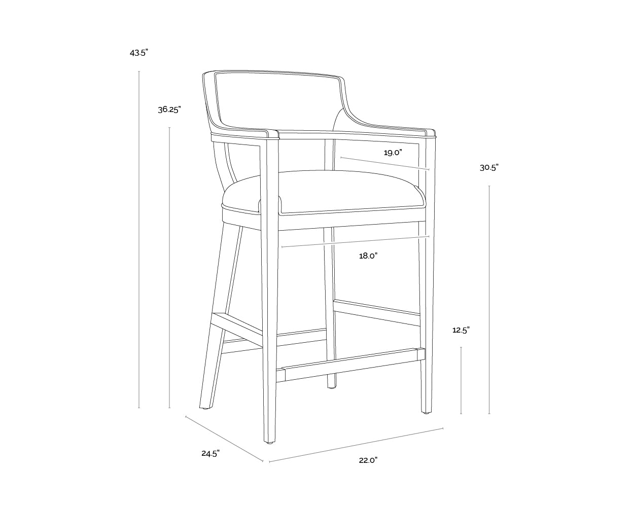 A wireframe image of the product with dimensions shown