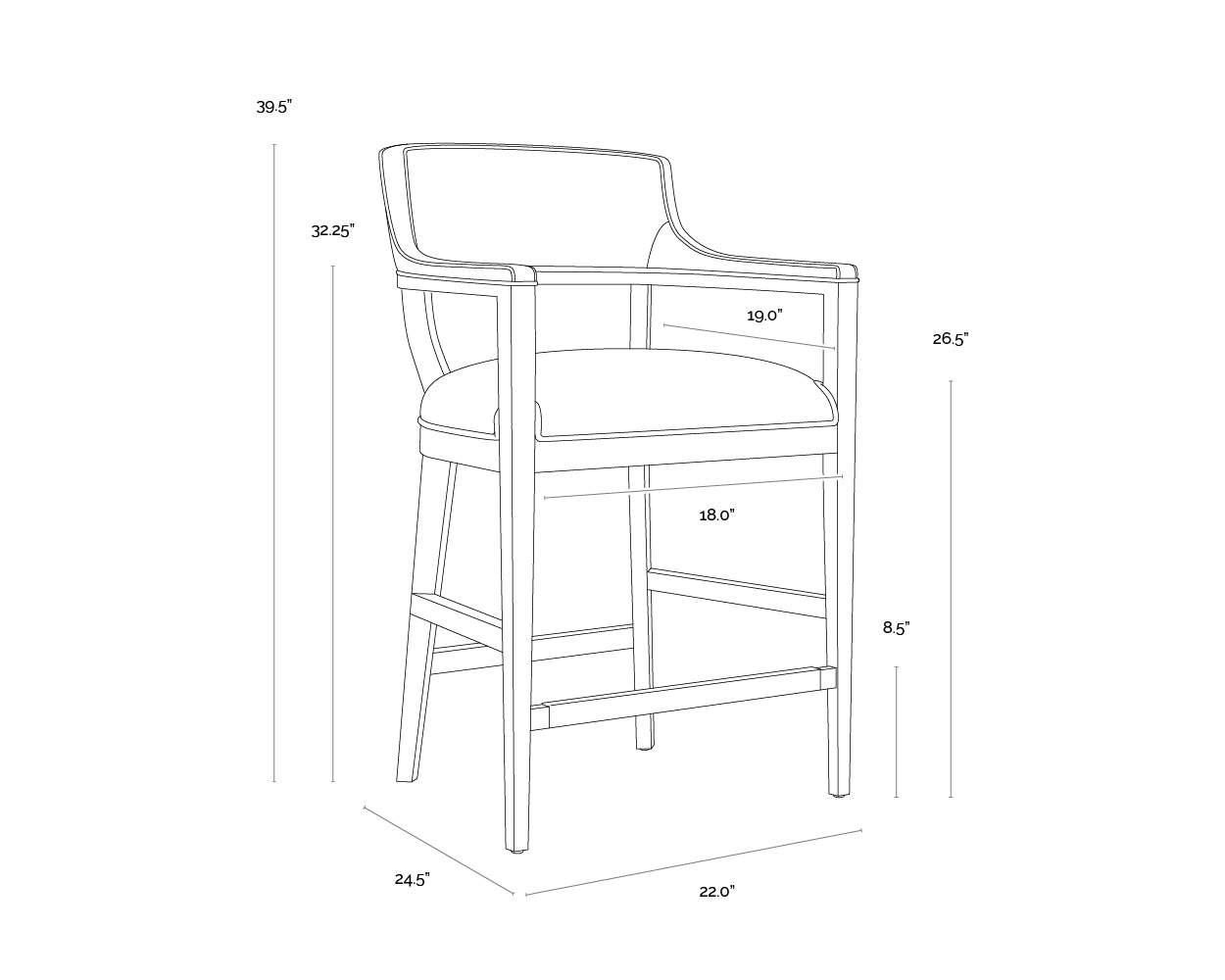 A wireframe image of the product with dimensions shown