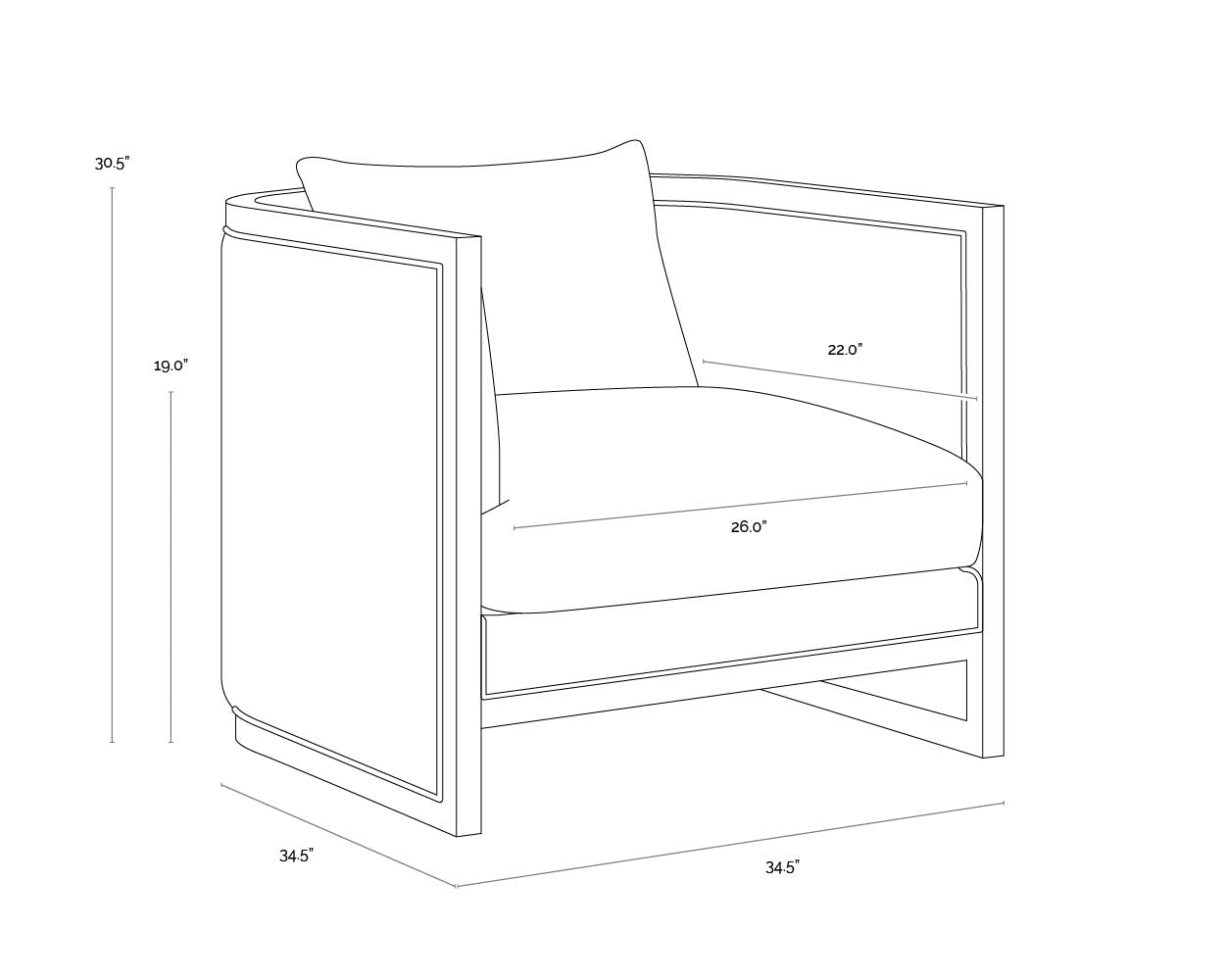A wireframe image of the product with dimensions shown