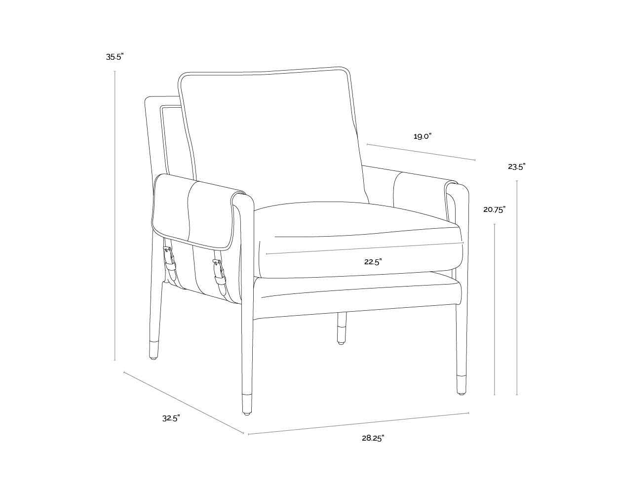 A wireframe image of the product with dimensions shown