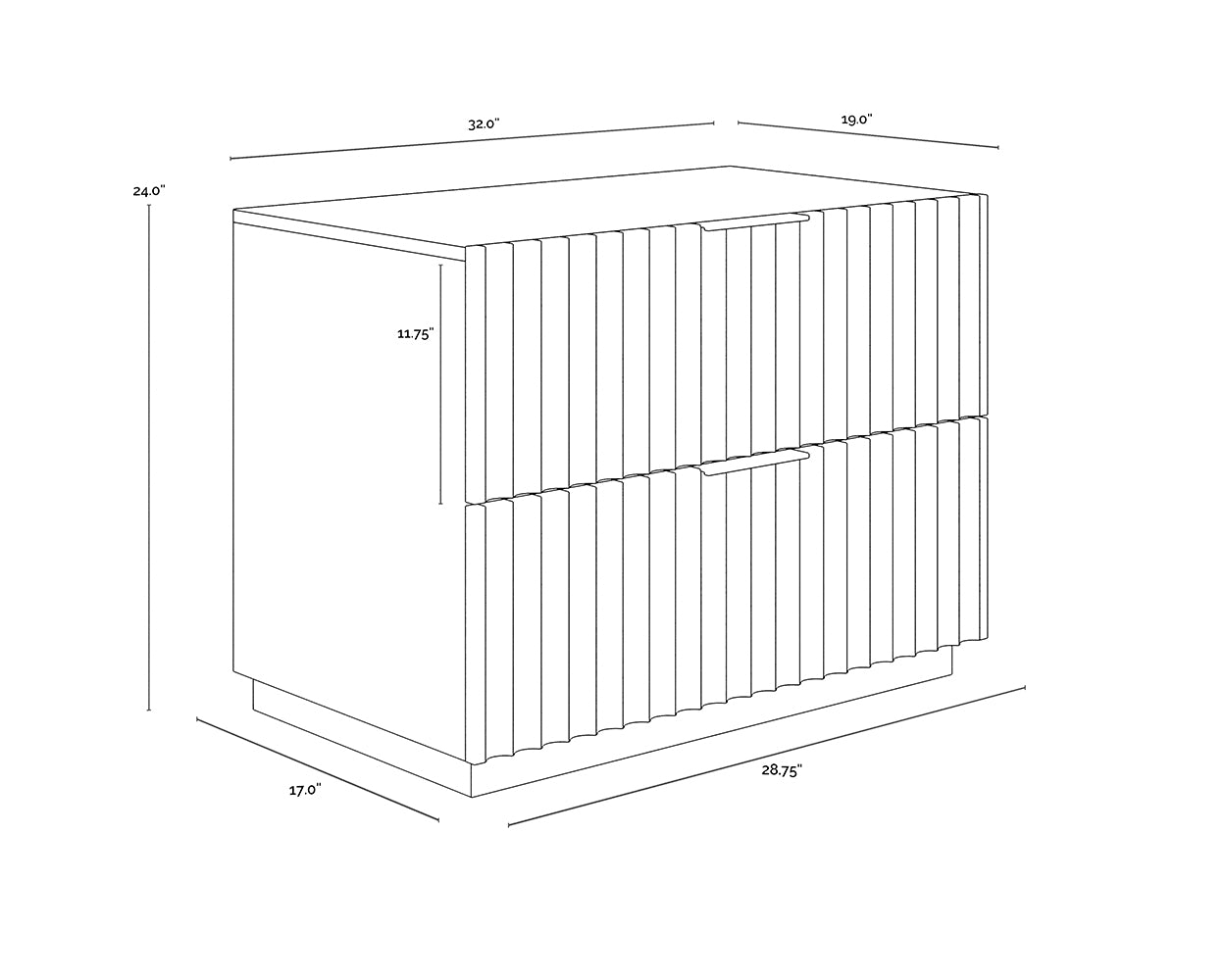 A wireframe image of the product with dimensions shown