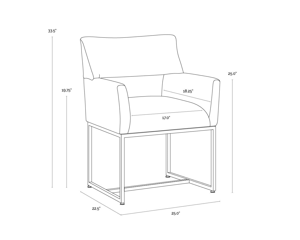 A wireframe image of the product with dimensions shown