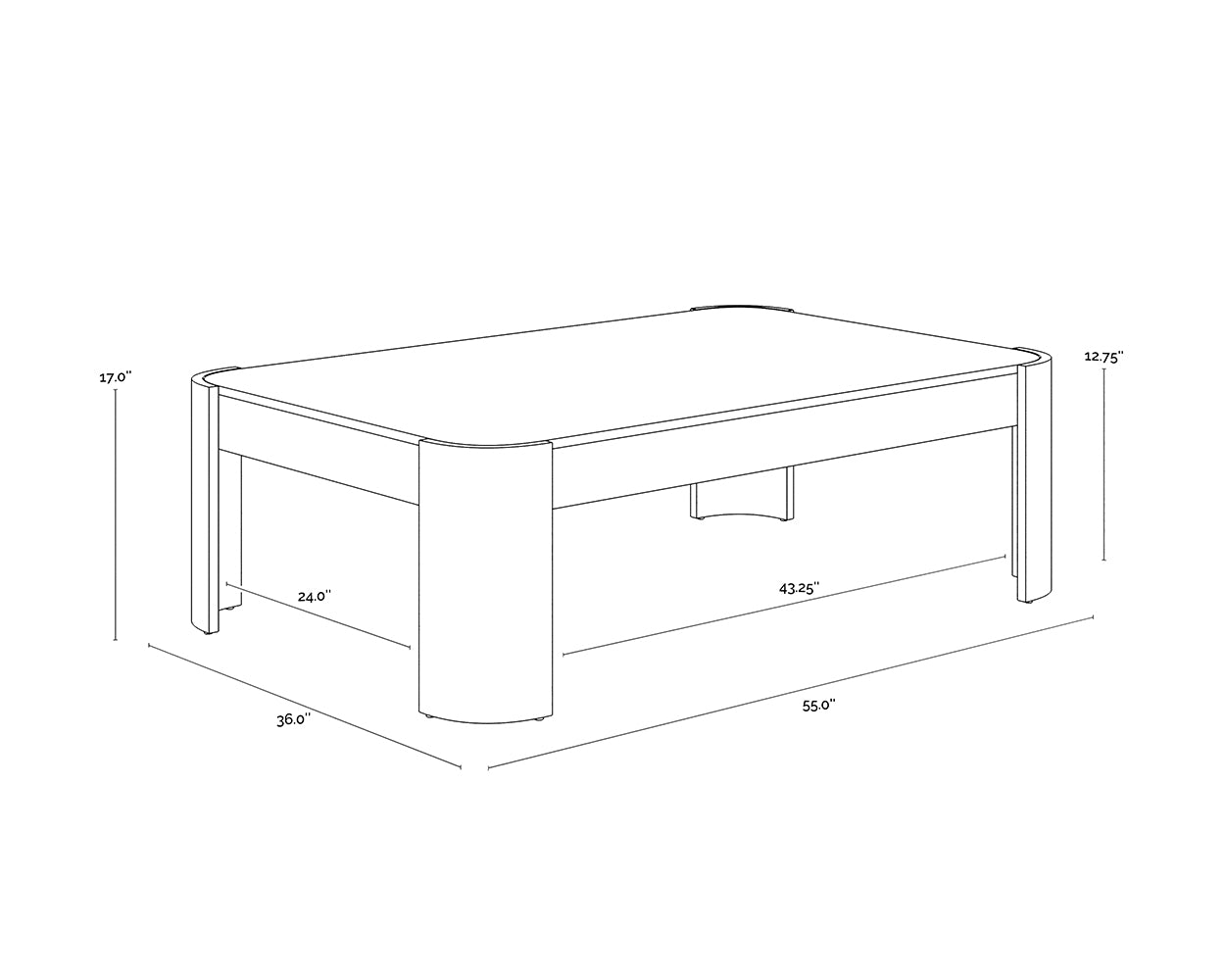 A wireframe image of the product with dimensions shown