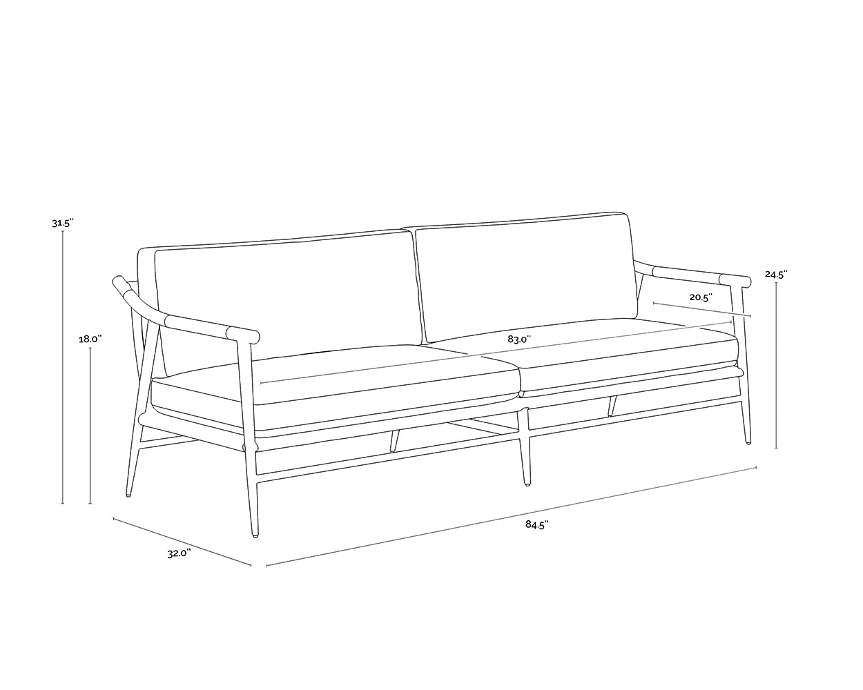 A wireframe image of the product with dimensions shown