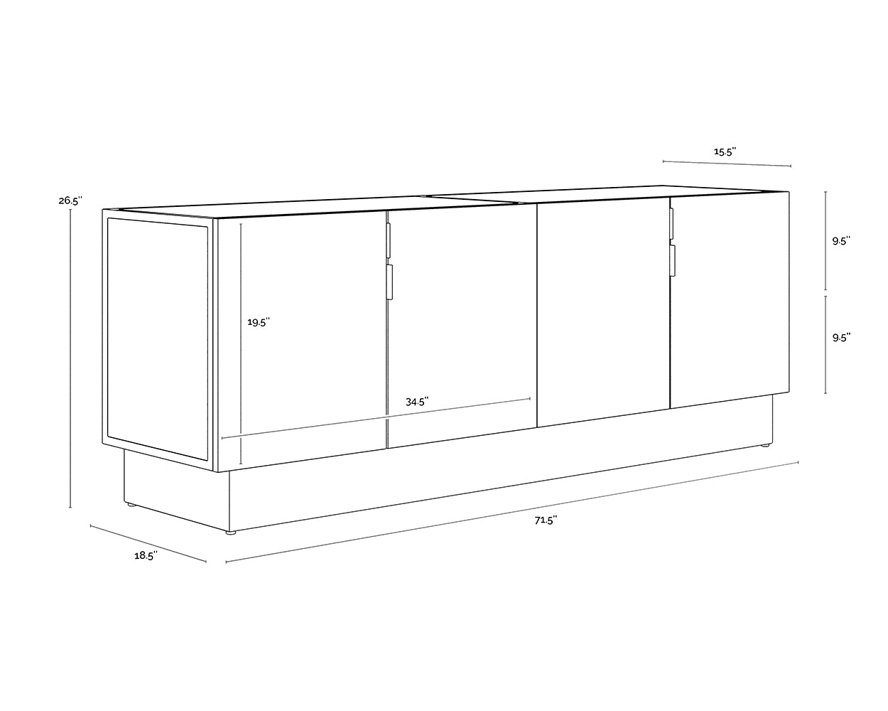 A wireframe image of the product with dimensions shown