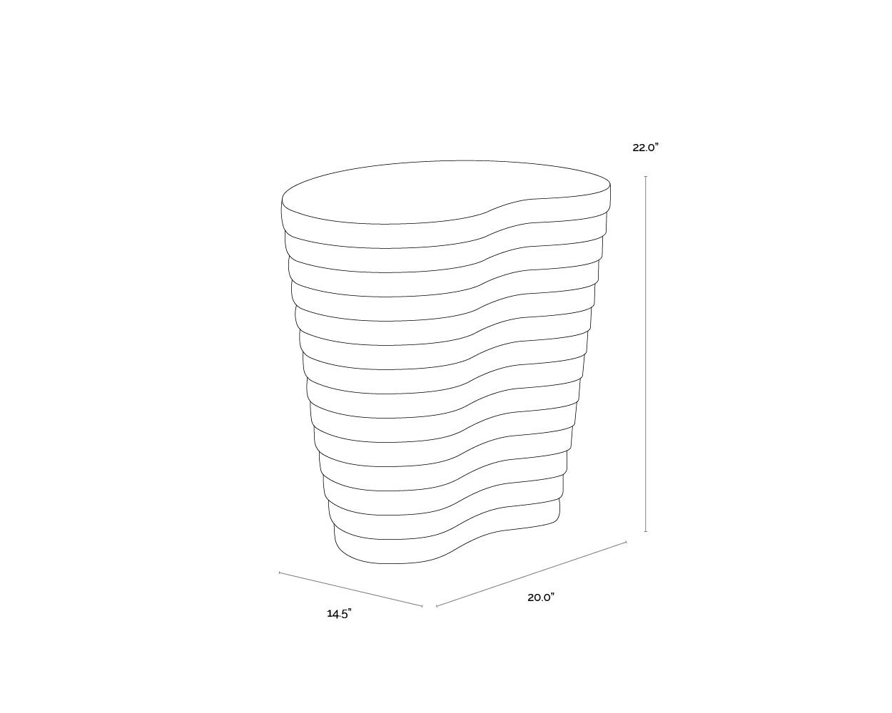 A wireframe image of the product with dimensions shown