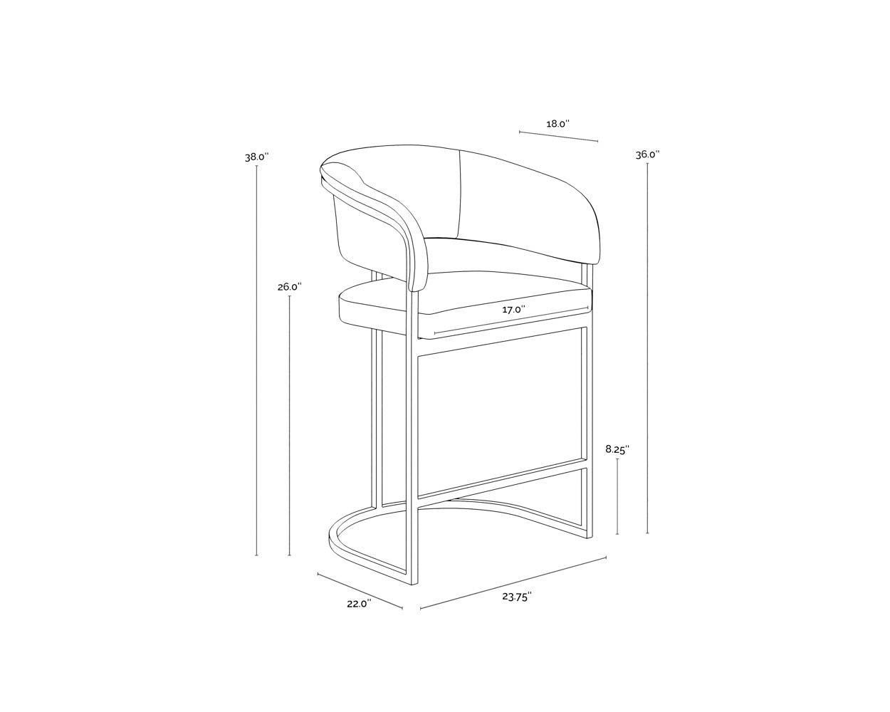 A wireframe image of the product with dimensions shown