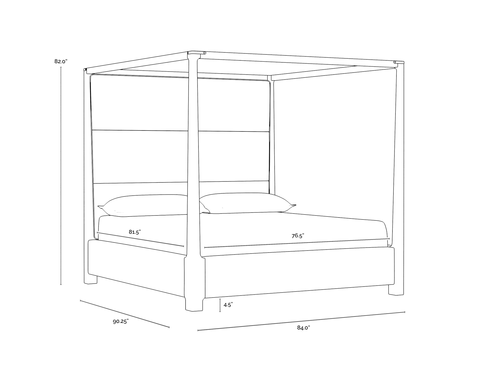 A wireframe image of the product with dimensions shown