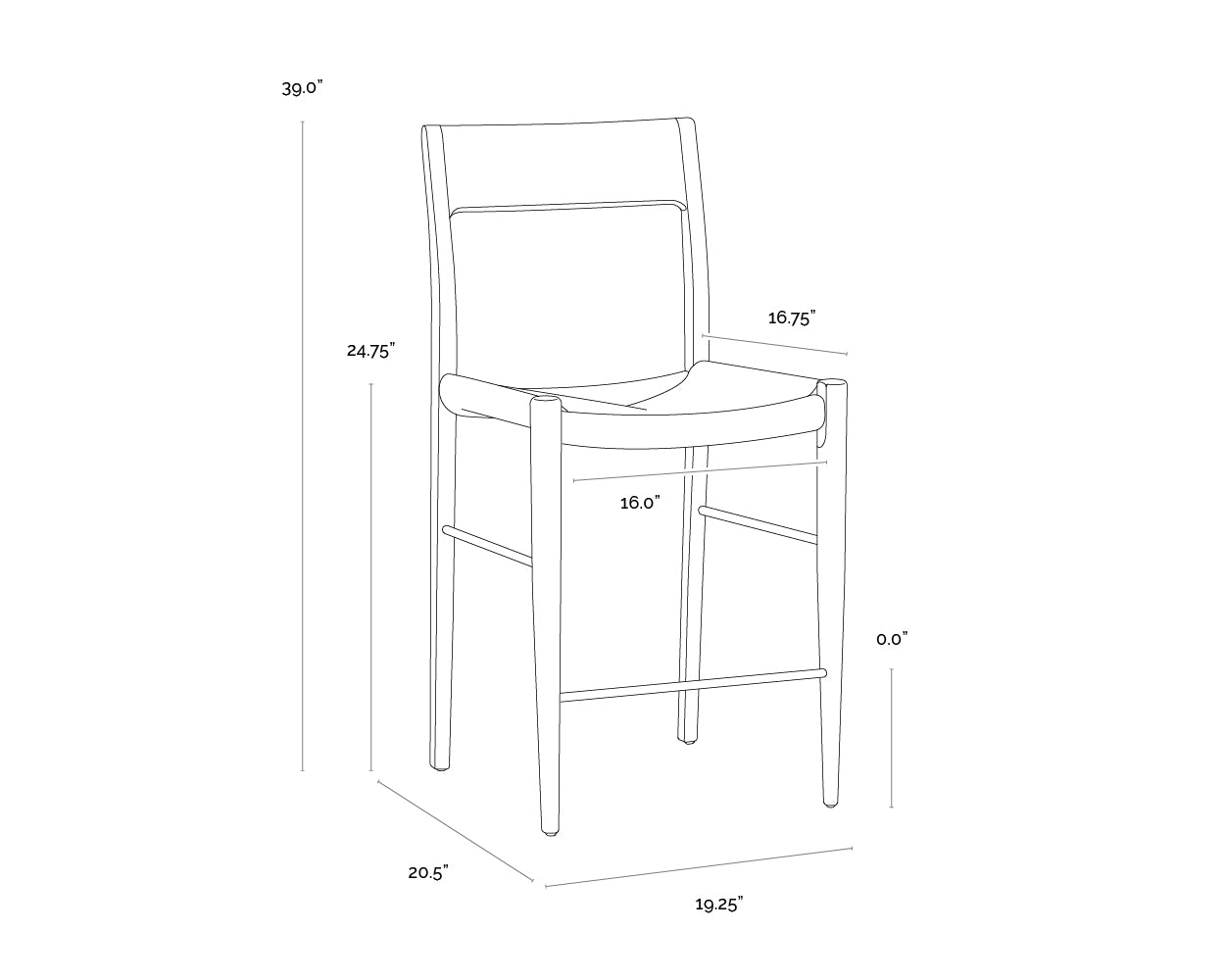 A wireframe image of the product with dimensions shown