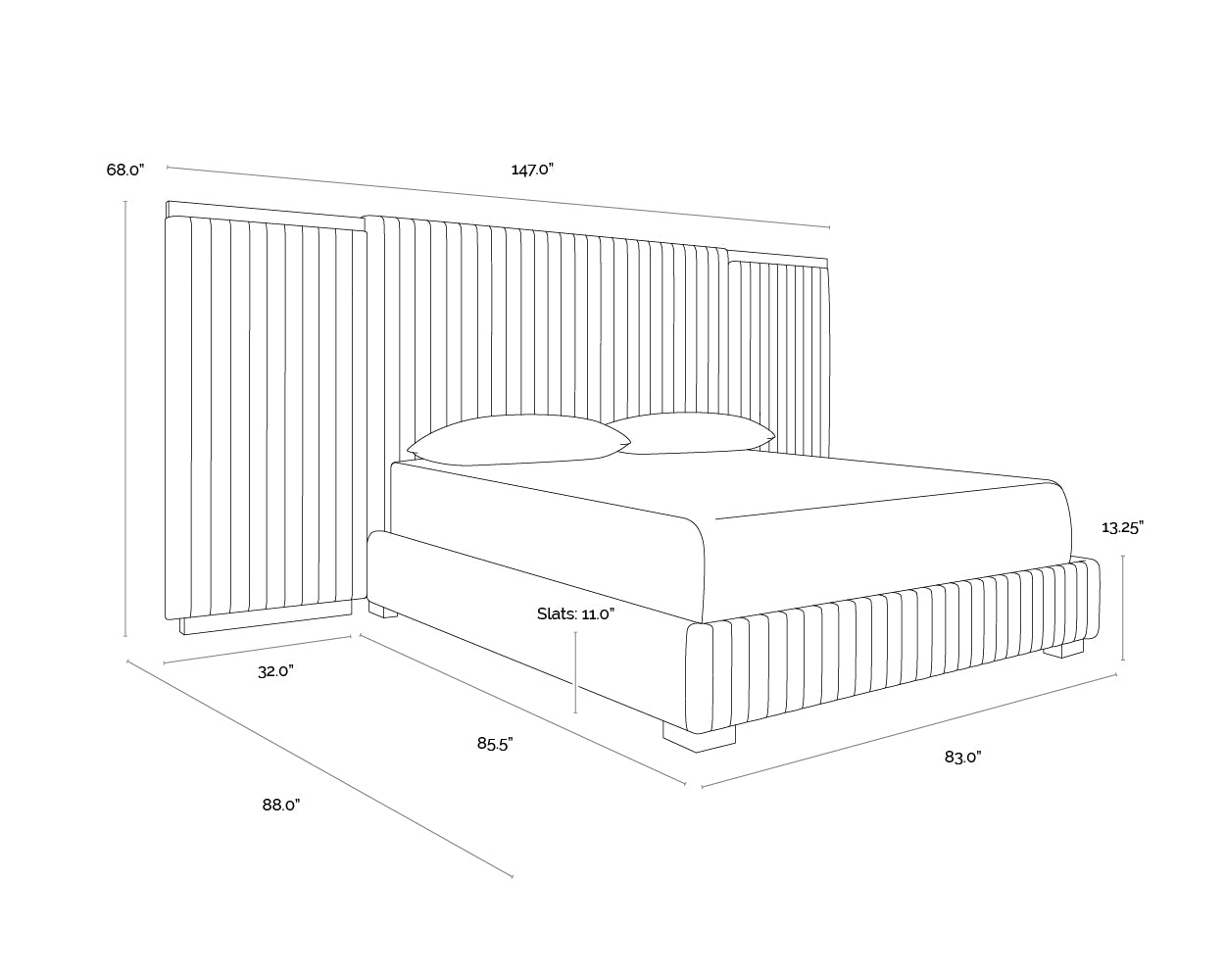 A wireframe image of the product with dimensions shown