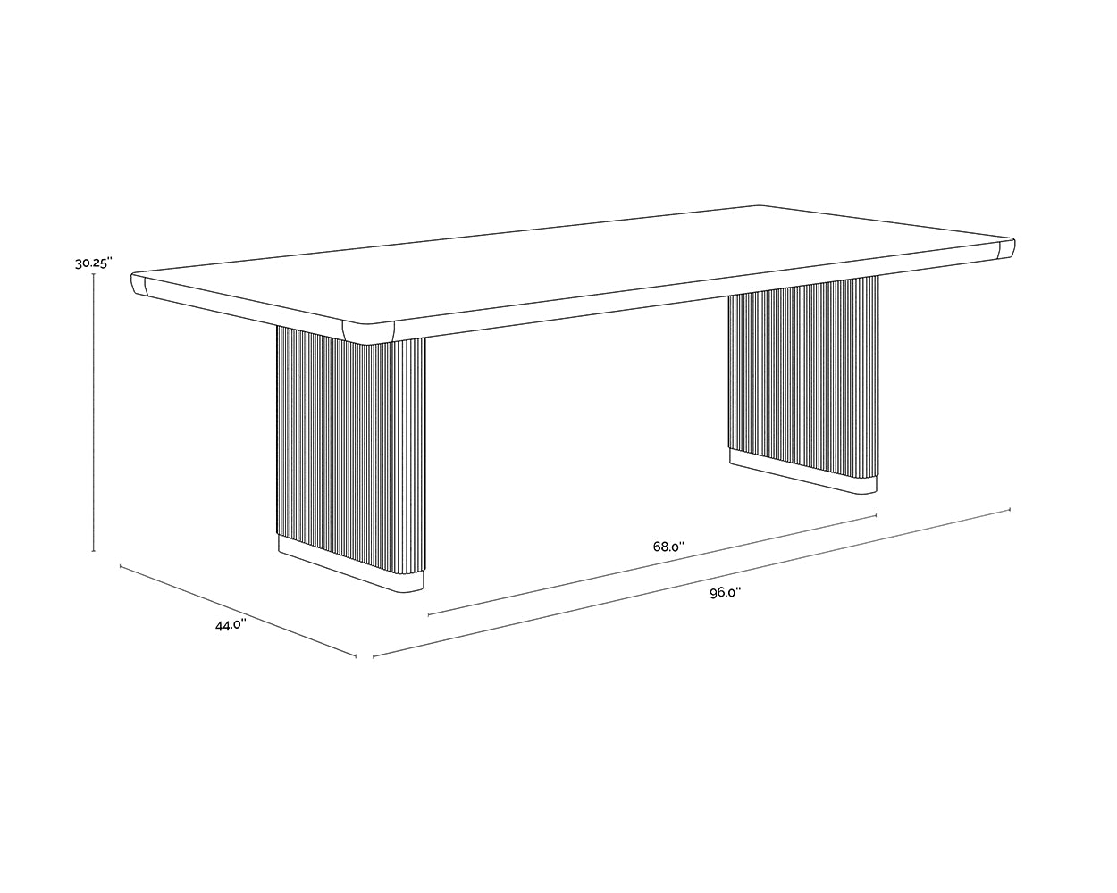 A wireframe image of the product with dimensions shown