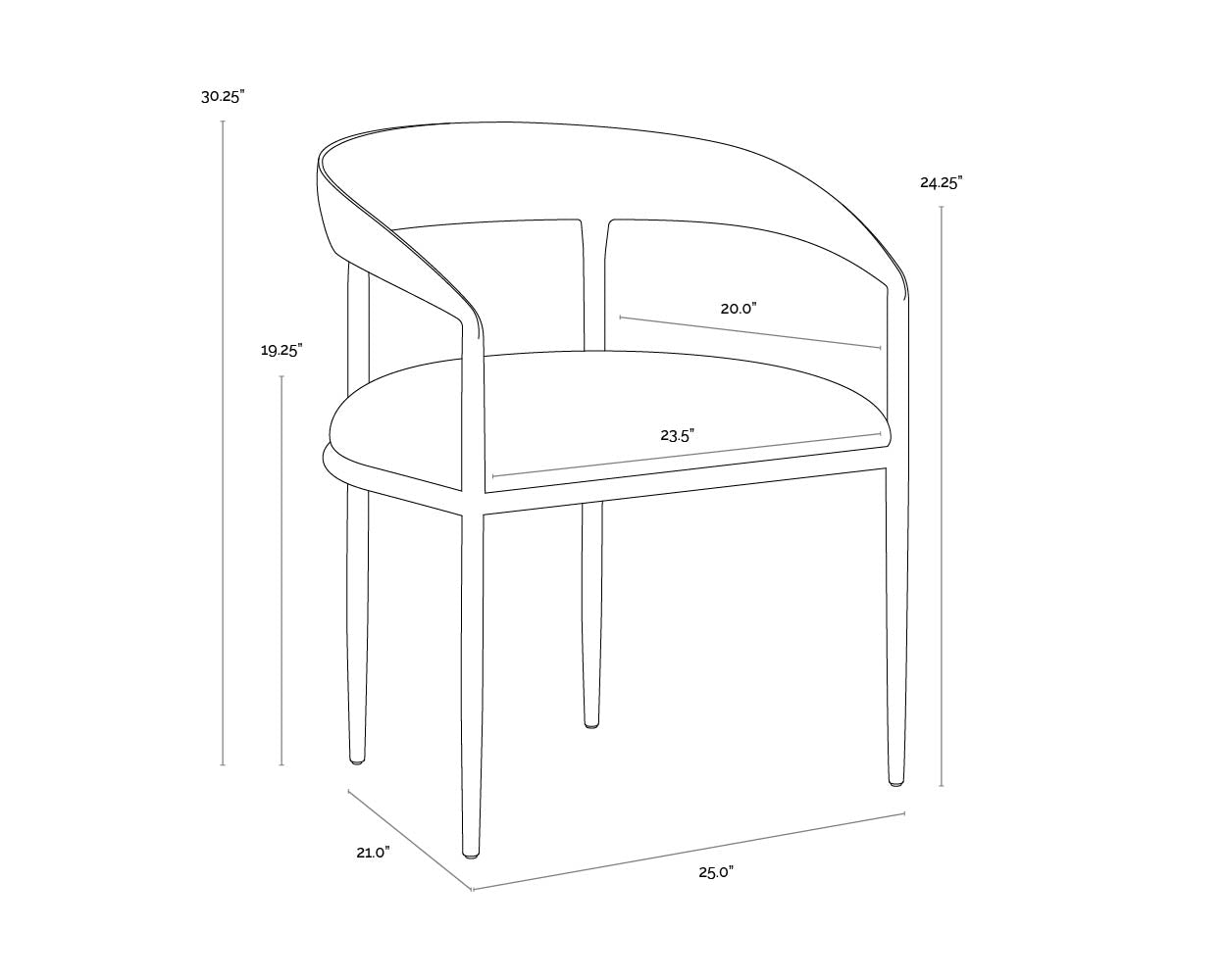 A wireframe image of the product with dimensions shown