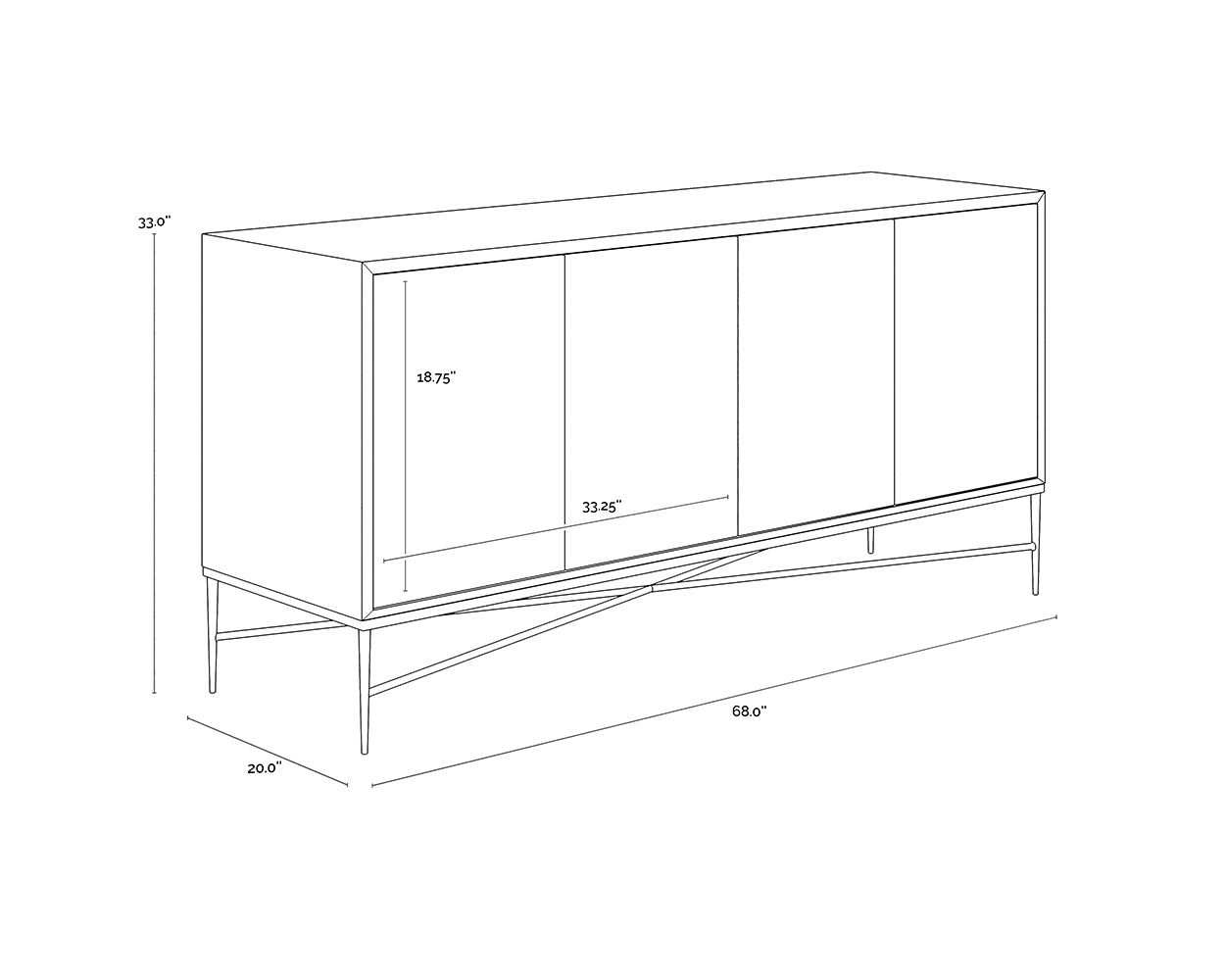 A wireframe image of the product with dimensions shown