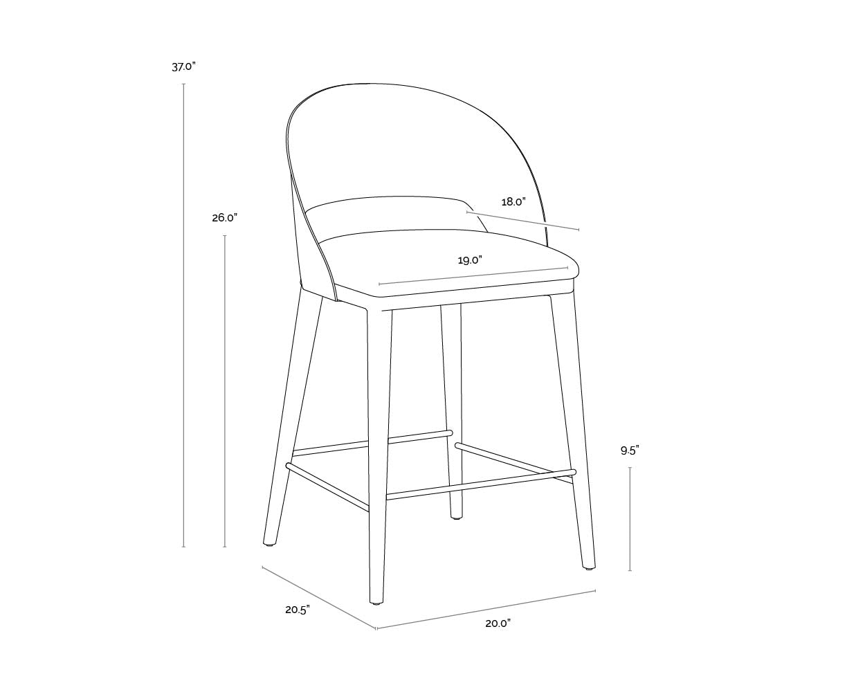 A wireframe image of the product with dimensions shown