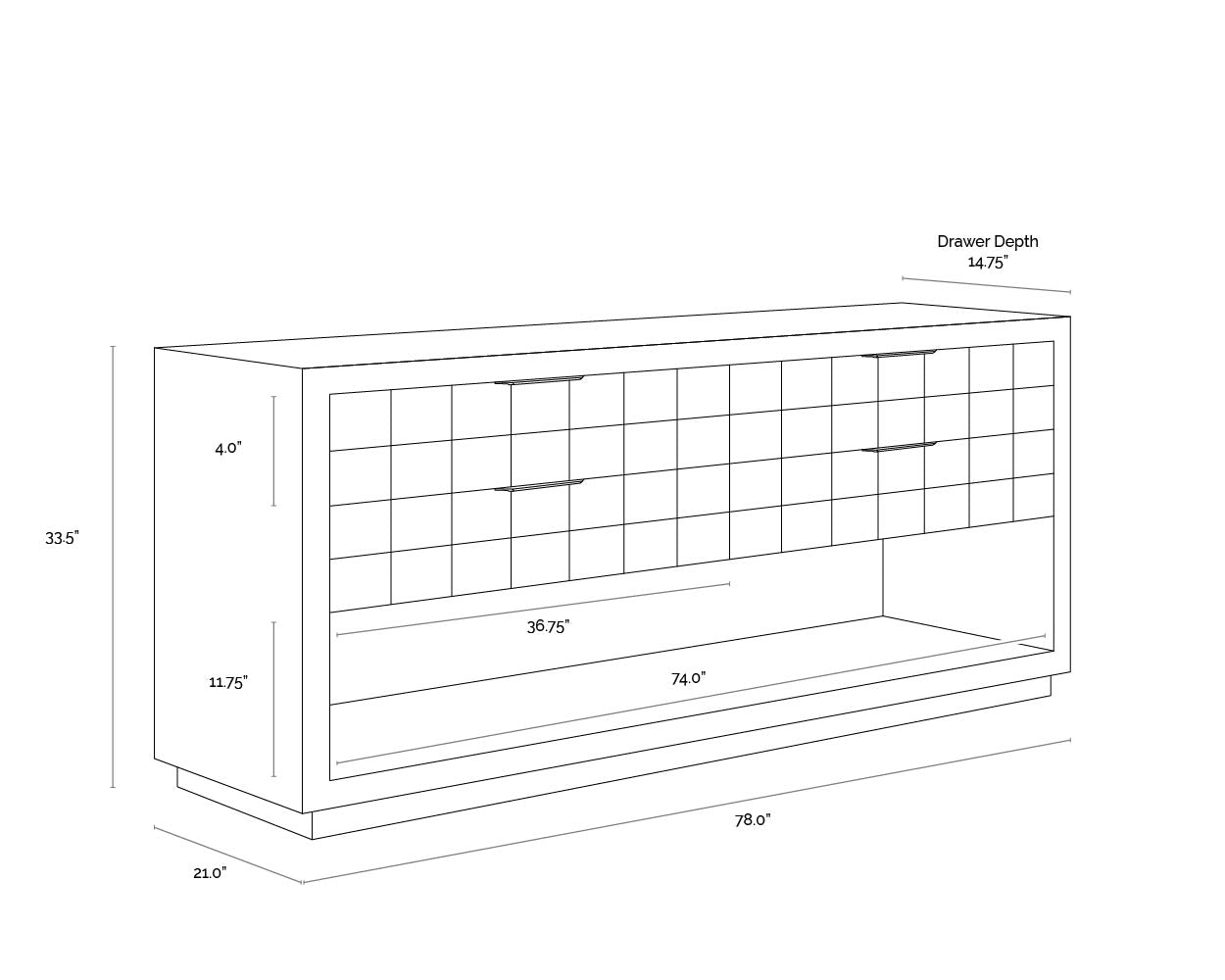 A wireframe image of the product with dimensions shown