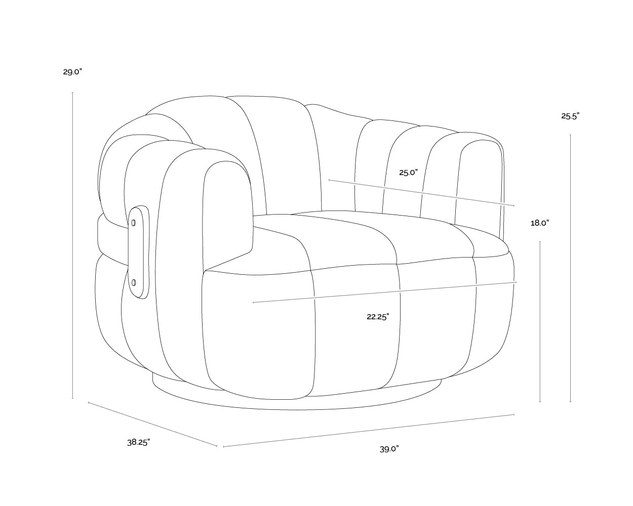 A wireframe image of the product with dimensions shown