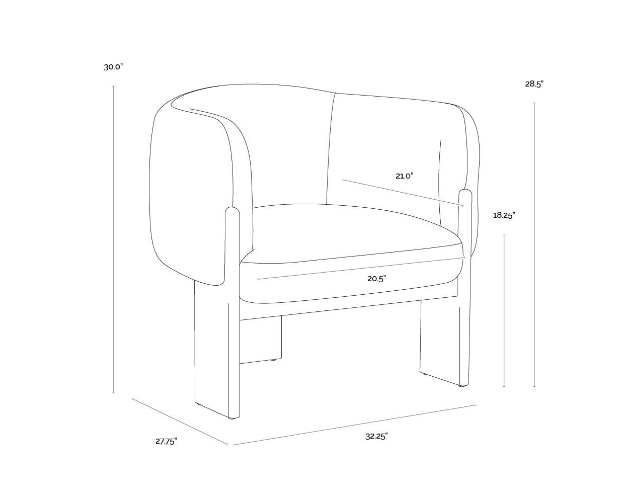 A wireframe image of the product with dimensions shown