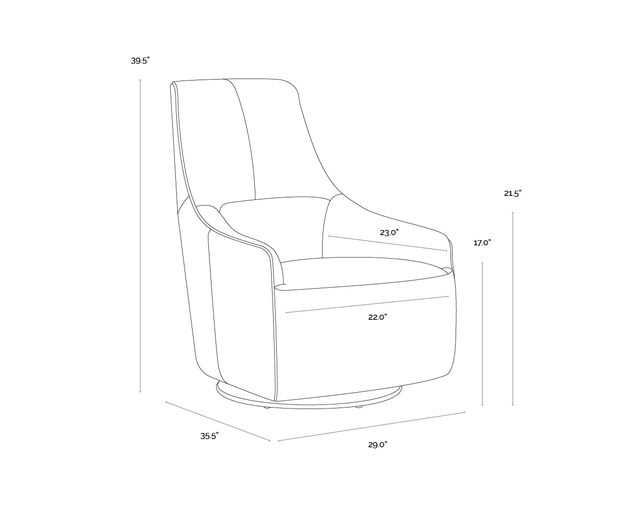 A wireframe image of the product with dimensions shown