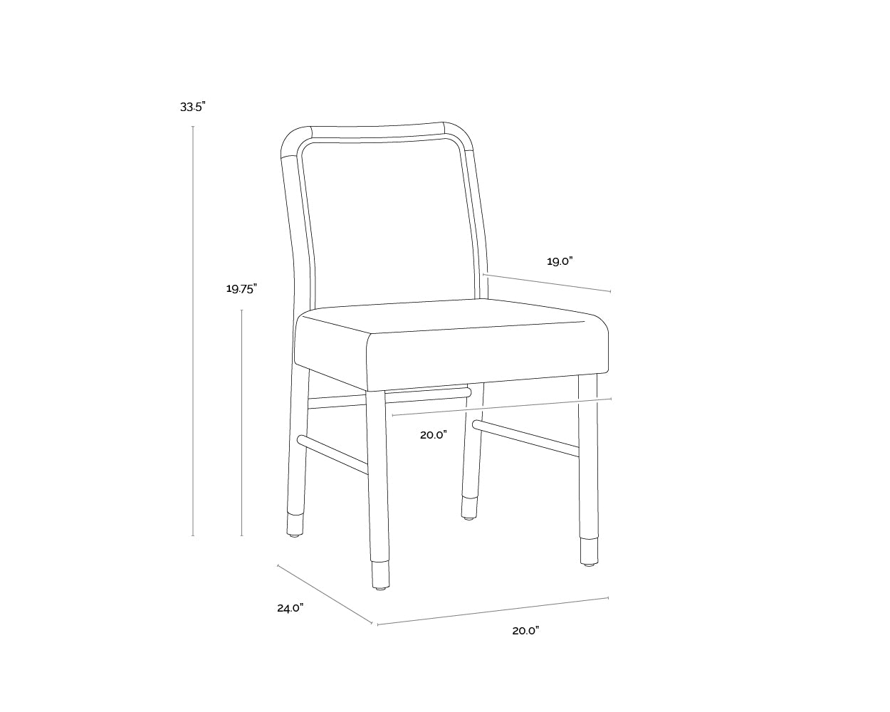 A wireframe image of the product with dimensions shown