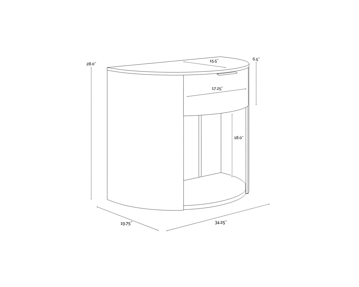 A wireframe image of the product with dimensions shown