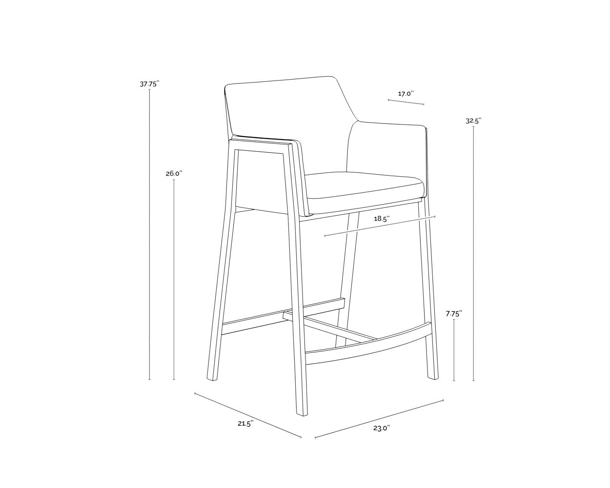 A wireframe image of the product with dimensions shown