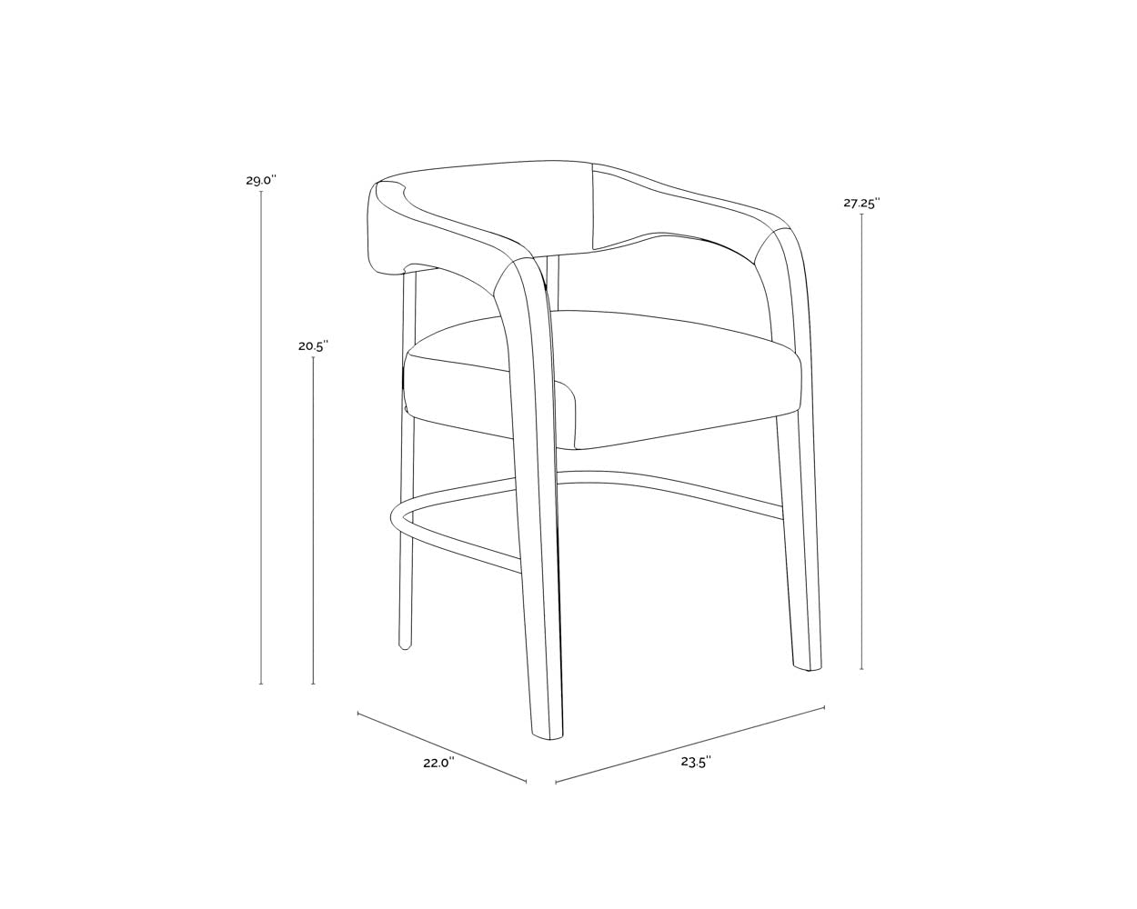 A wireframe image of the product with dimensions shown