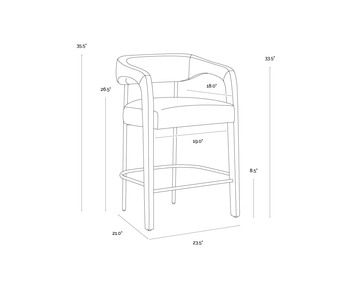 A wireframe image of the product with dimensions shown