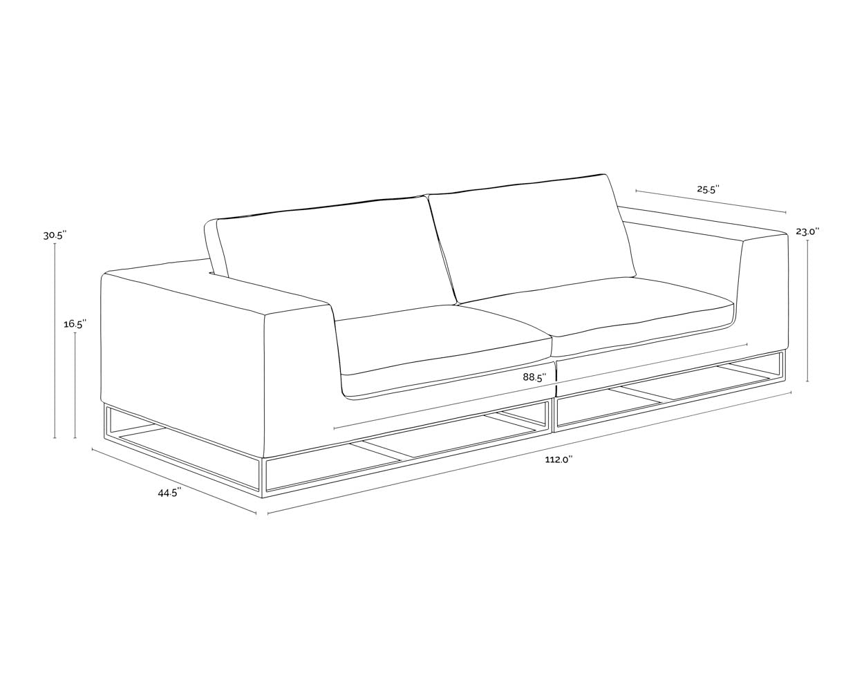 A wireframe image of the product with dimensions shown