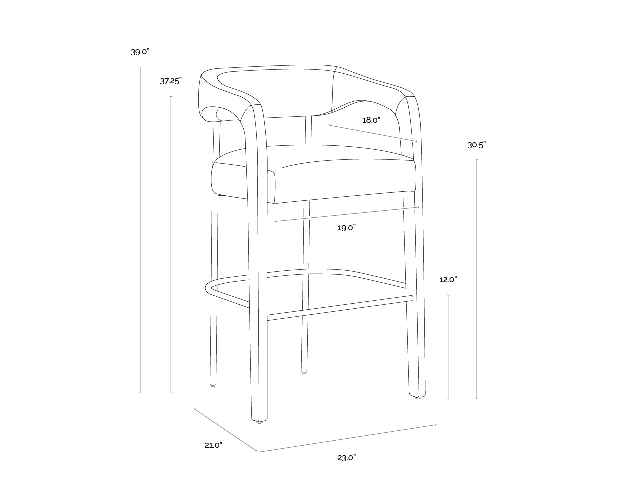 A wireframe image of the product with dimensions shown
