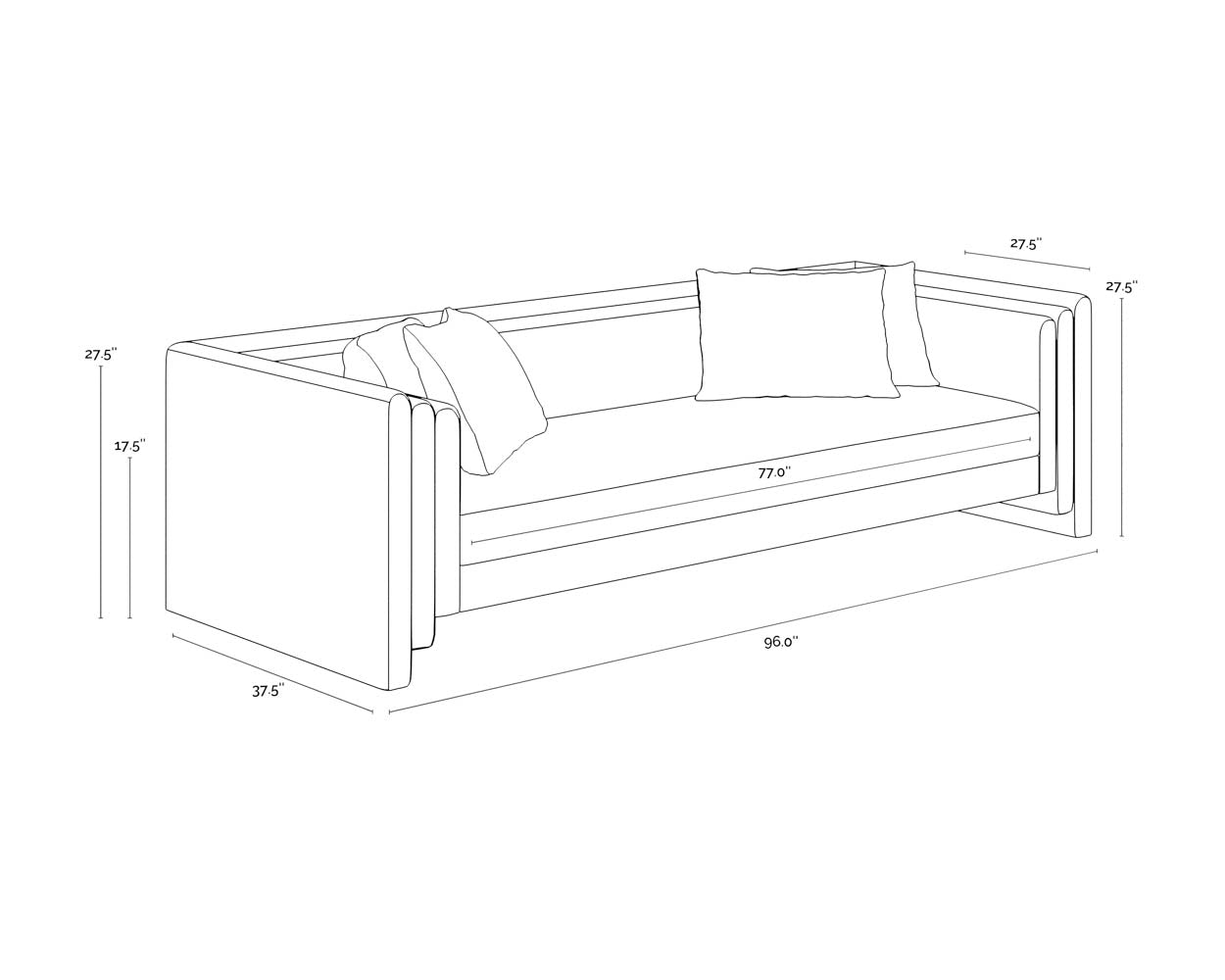 A wireframe image of the product with dimensions shown