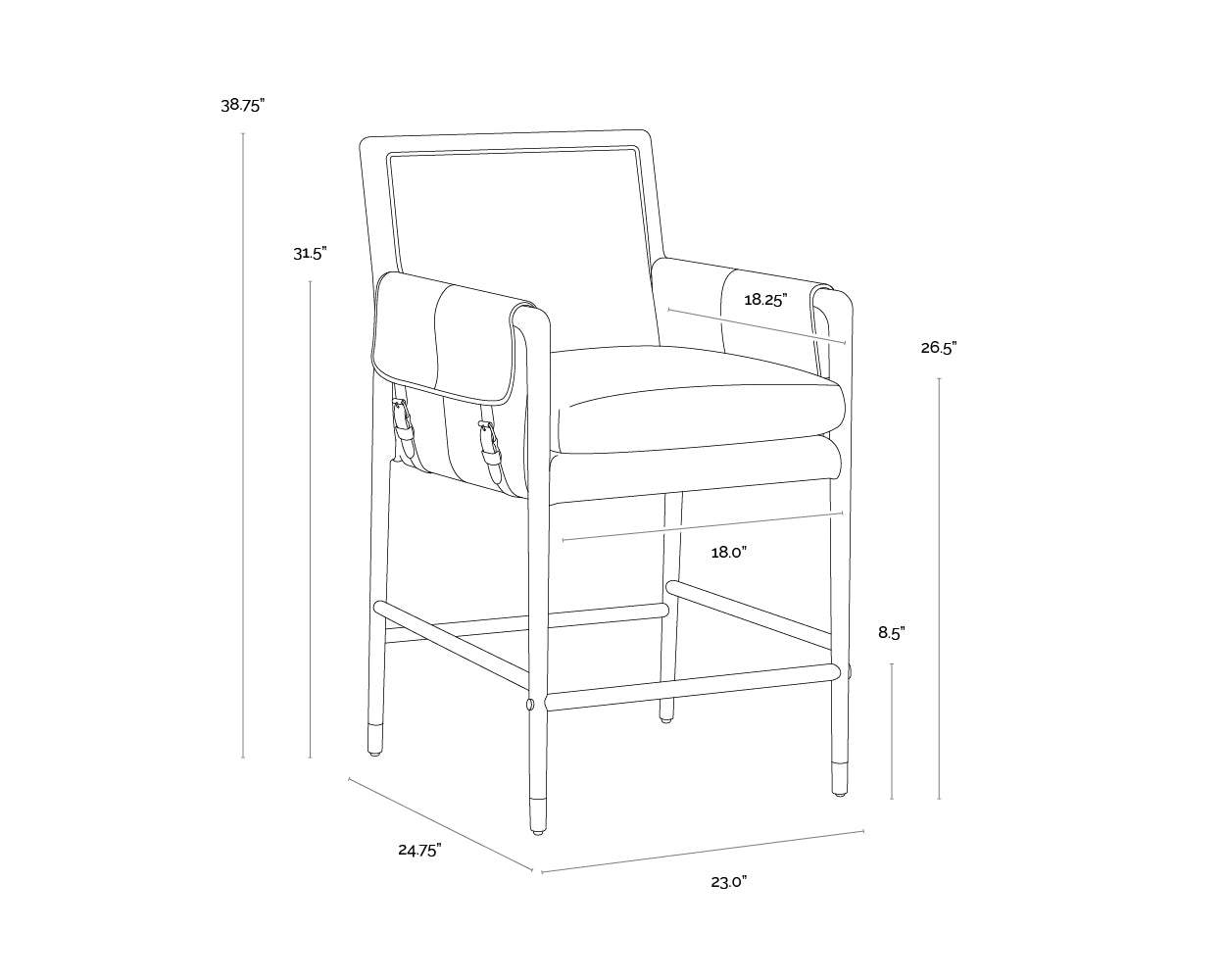 A wireframe image of the product with dimensions shown