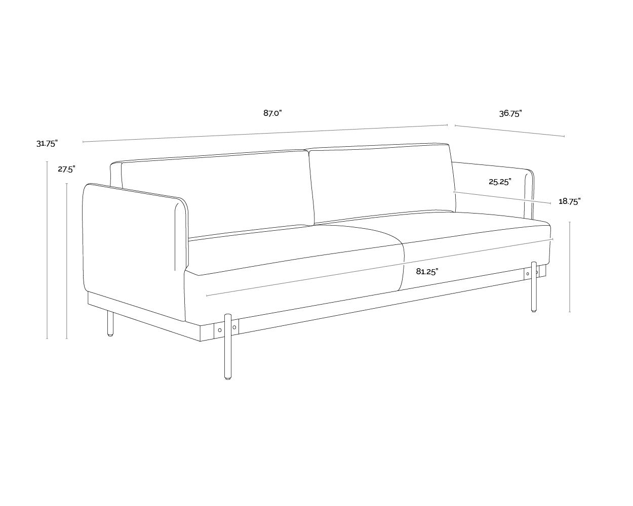 A wireframe image of the product with dimensions shown
