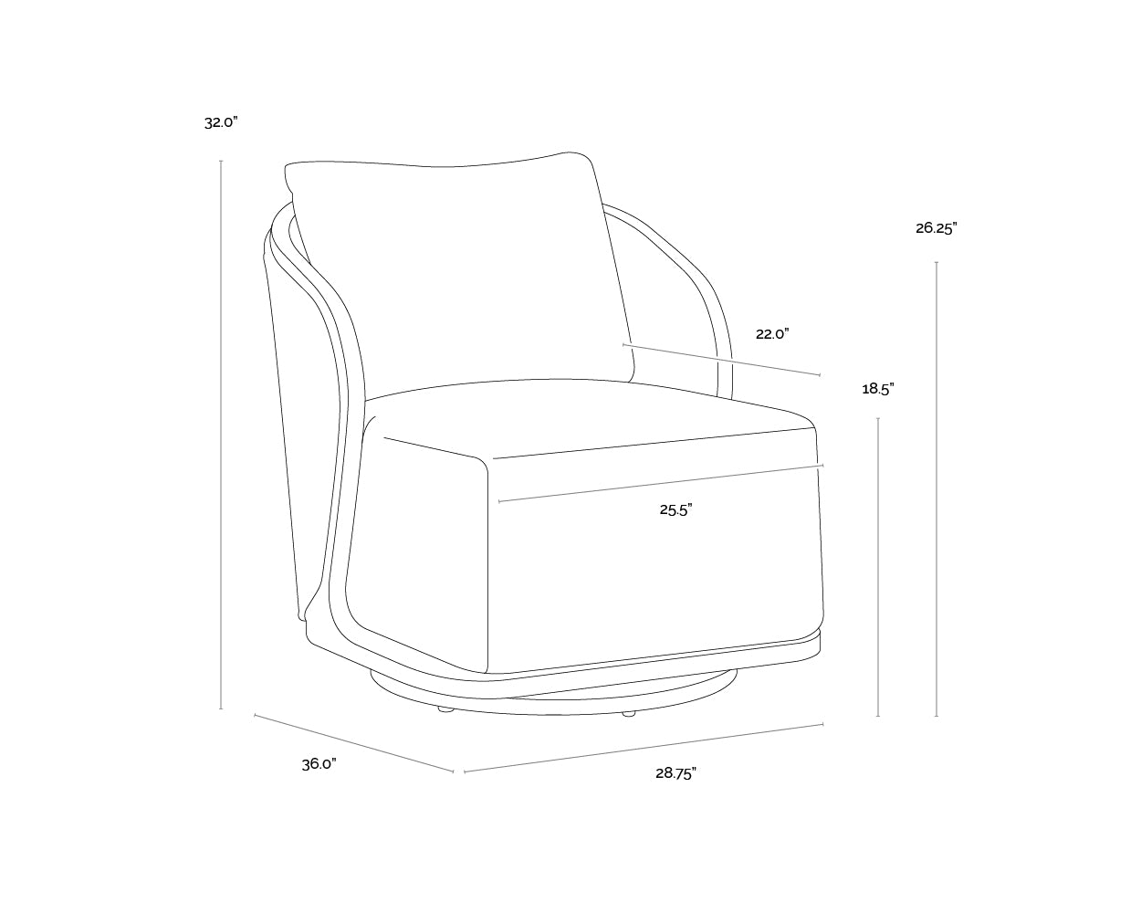 A wireframe image of the product with dimensions shown