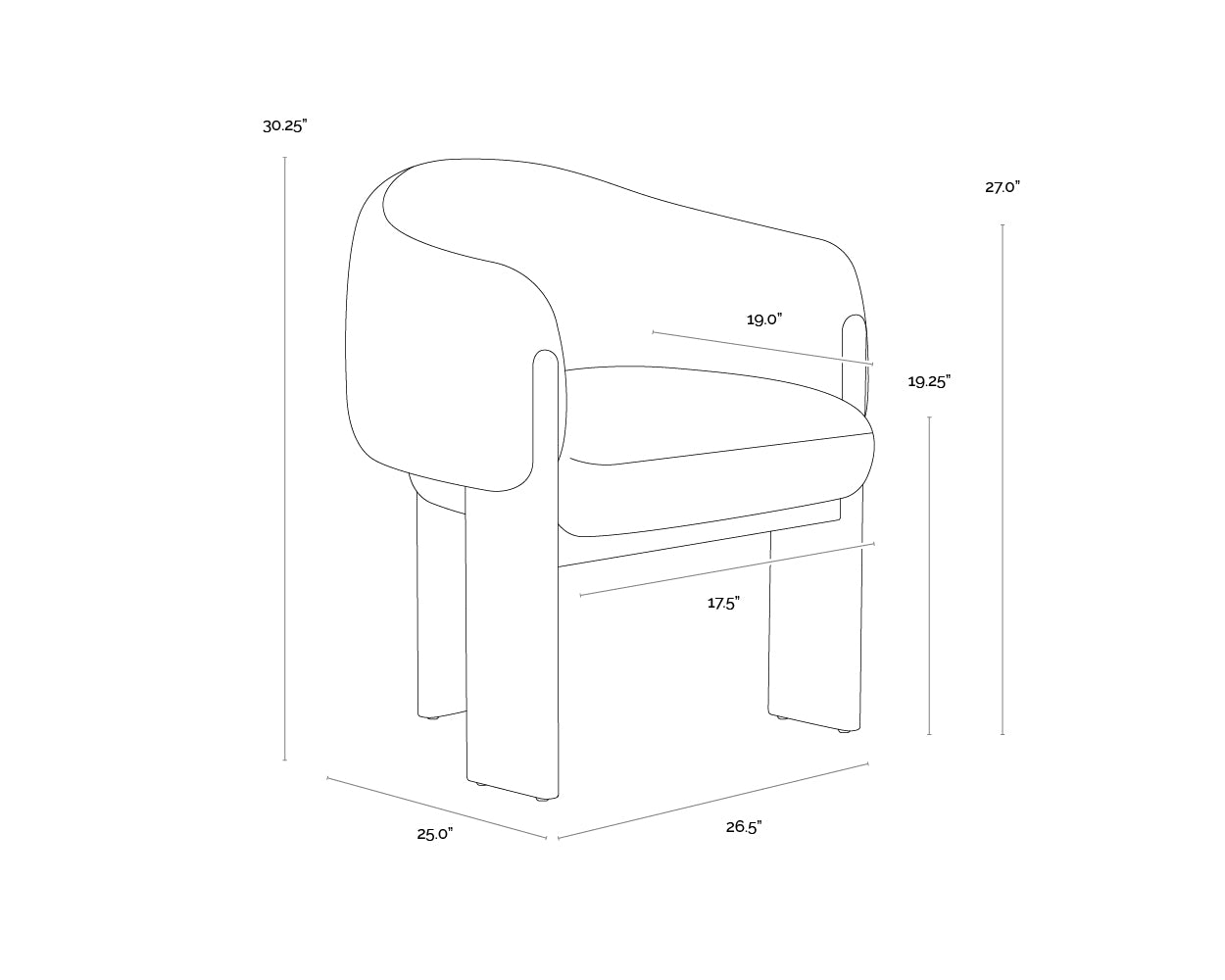 A wireframe image of the product with dimensions shown