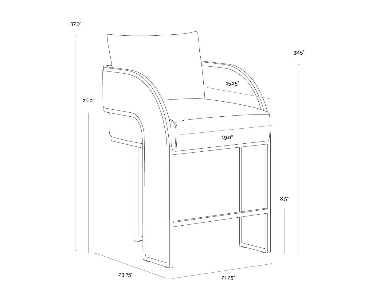 A wireframe image of the product with dimensions shown