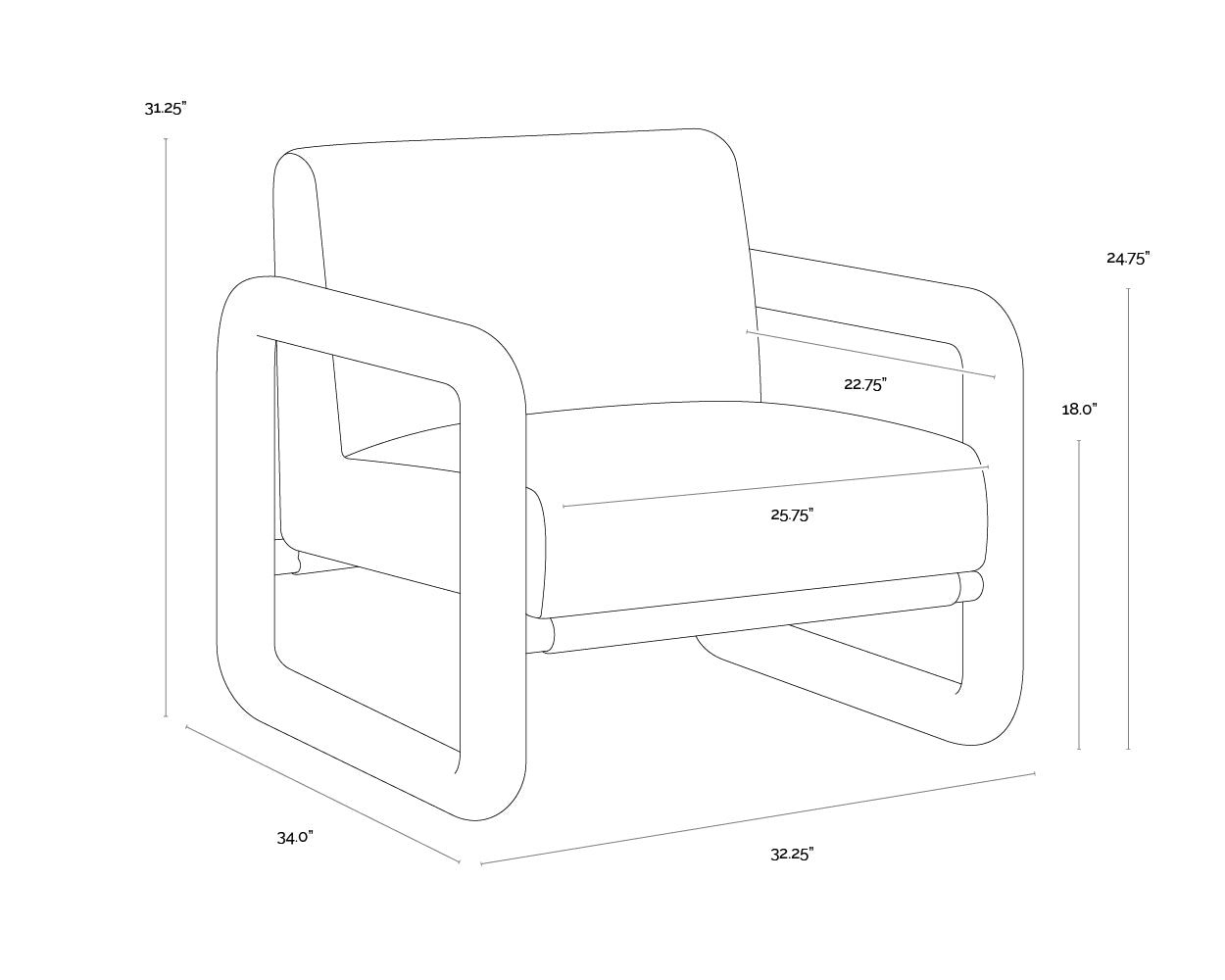 A wireframe image of the product with dimensions shown