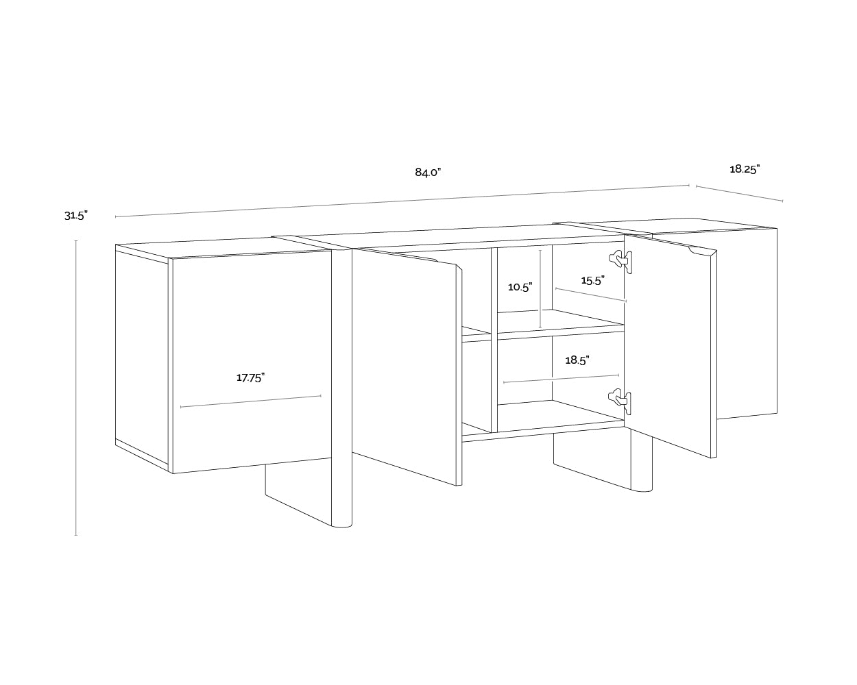 A wireframe image of the product with dimensions shown