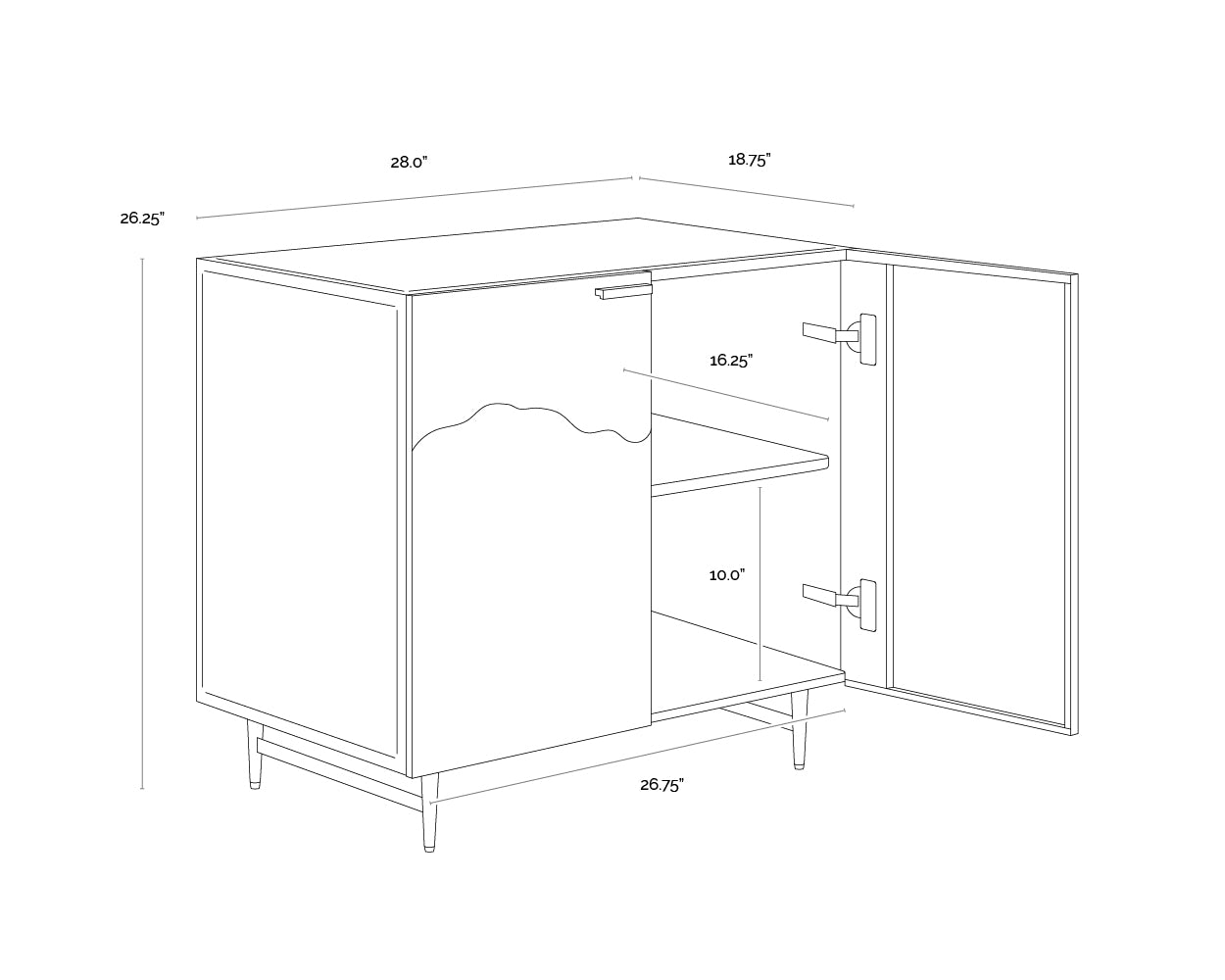 A wireframe image of the product with dimensions shown
