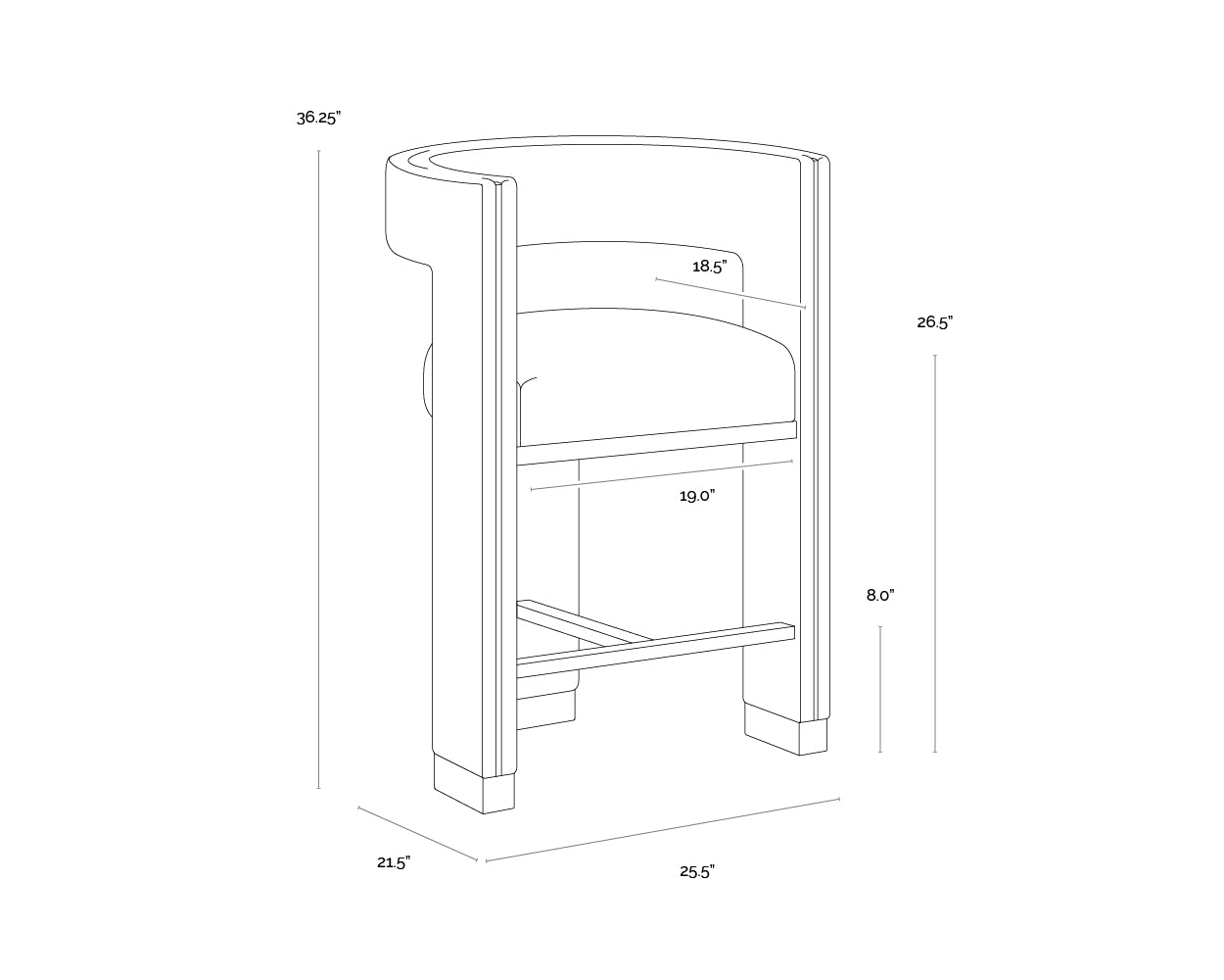 A wireframe image of the product with dimensions shown