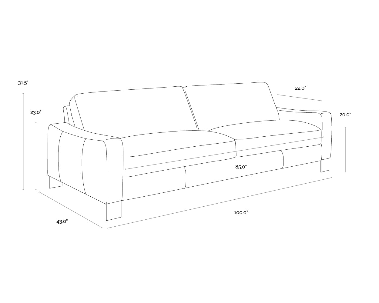 A wireframe image of the product with dimensions shown