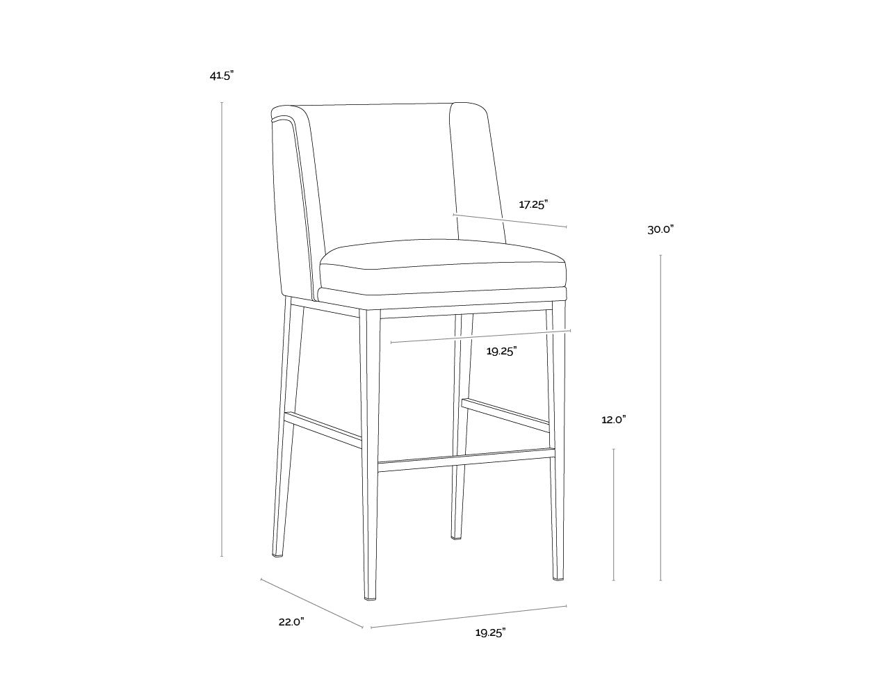 A wireframe image of the product with dimensions shown