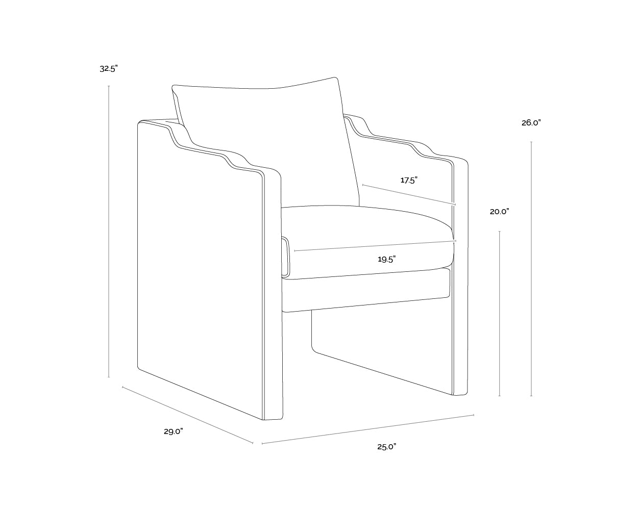 A wireframe image of the product with dimensions shown
