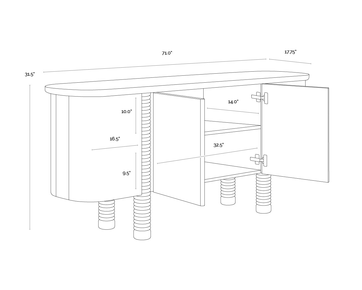 A wireframe image of the product with dimensions shown